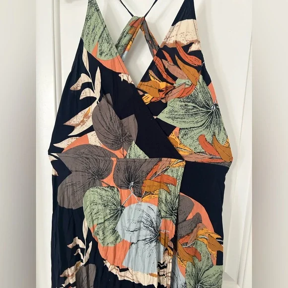 Tropical Print Navy Open Back Thigh Slit Maxi Dress Size Large - Picture 6 of 8